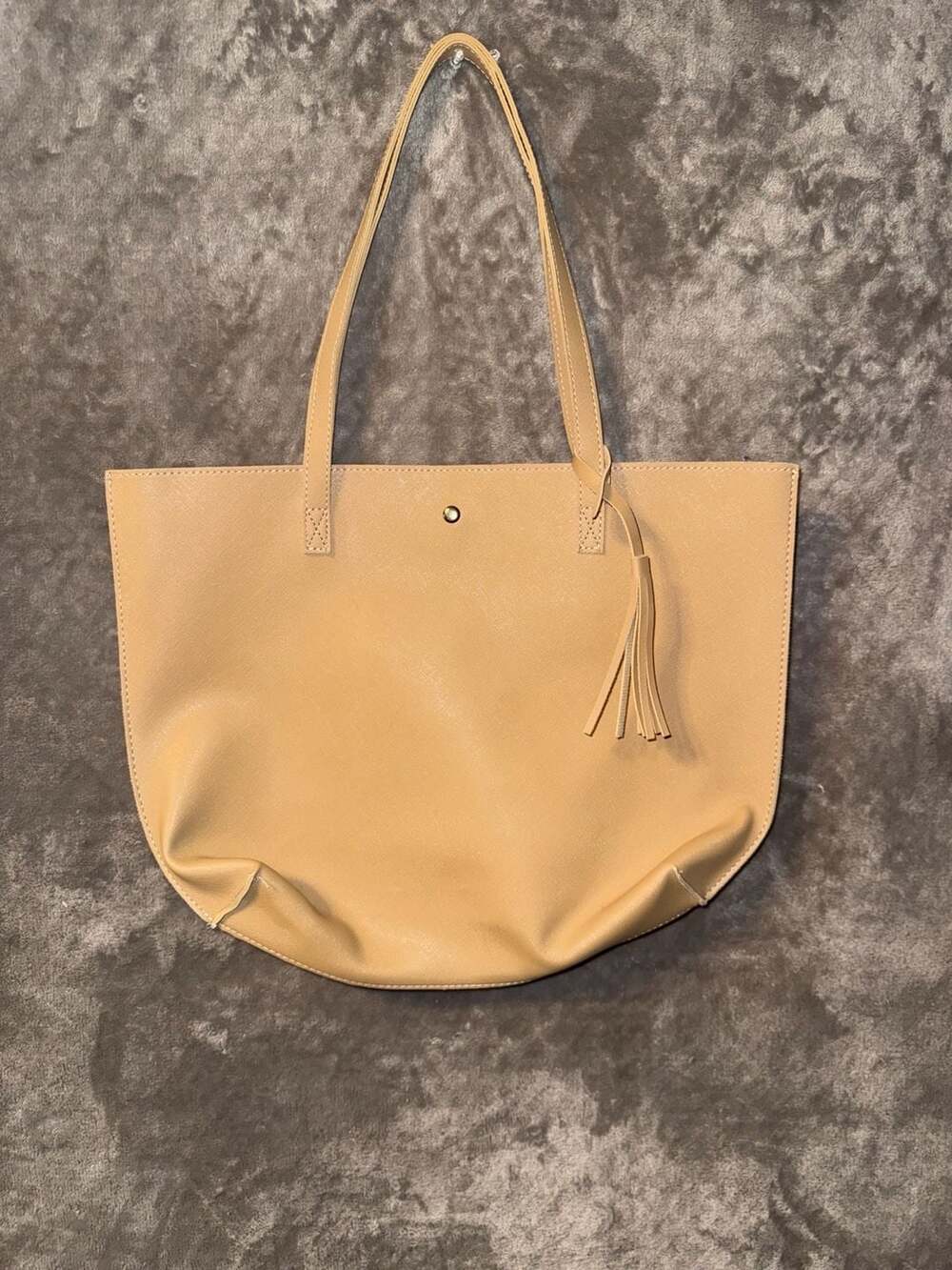 Tan Faux Leather Saffiano Tote Bag with Tassel